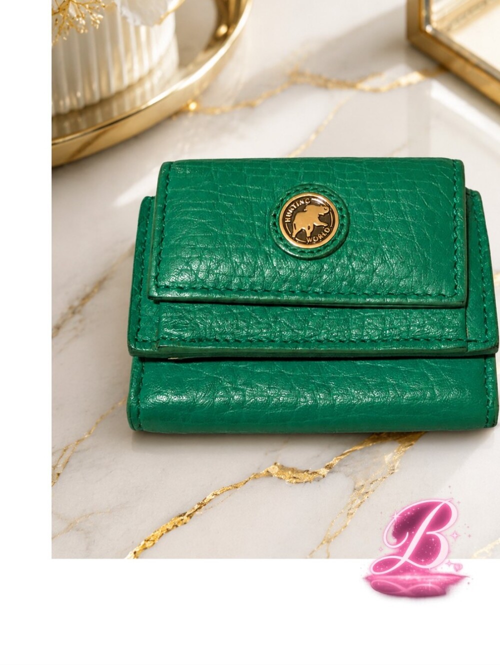 Vintage Hunting World Green Leather Mini Wallet Card Holder